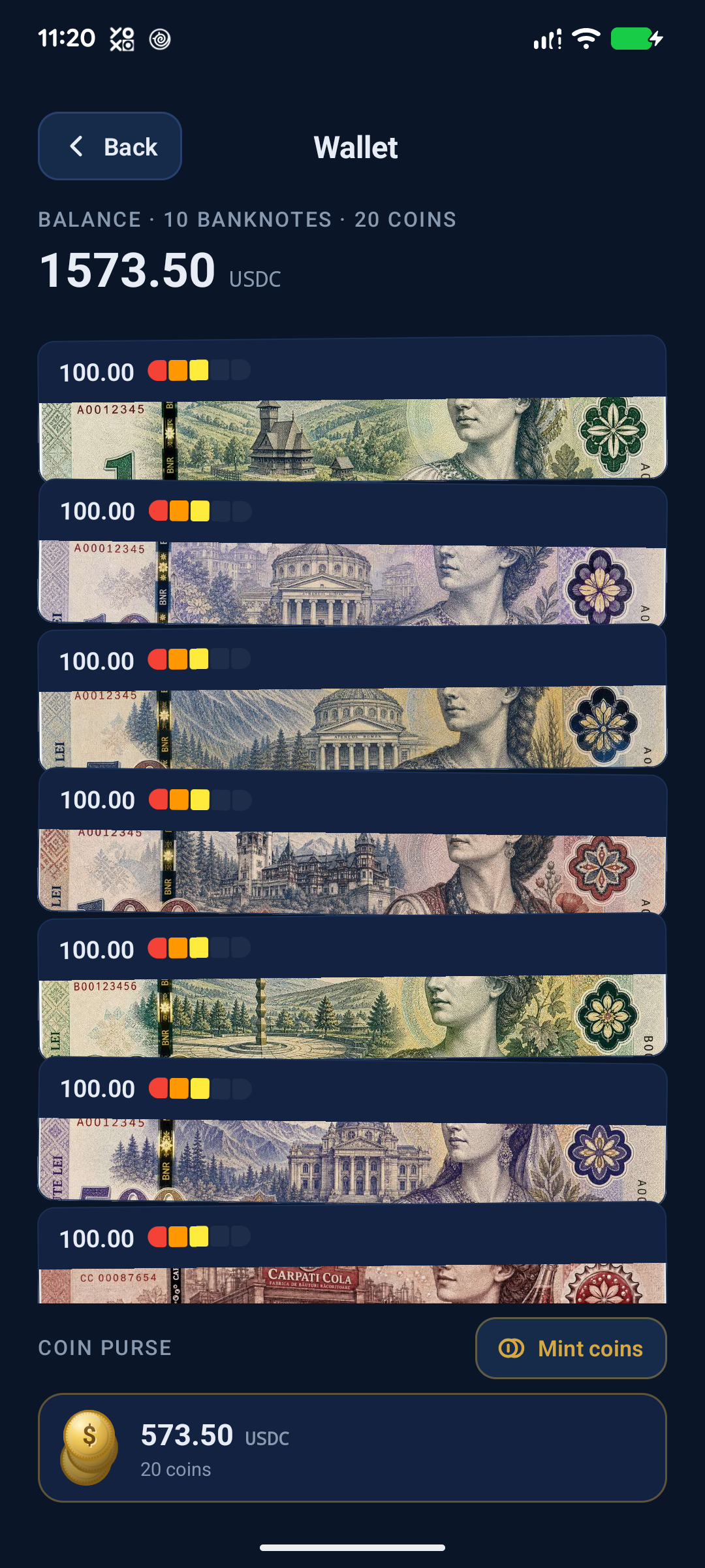 HeisenCash on a Pixel 7a, with ten illustrated banknotes and 573.50 USDC in its test coin purse