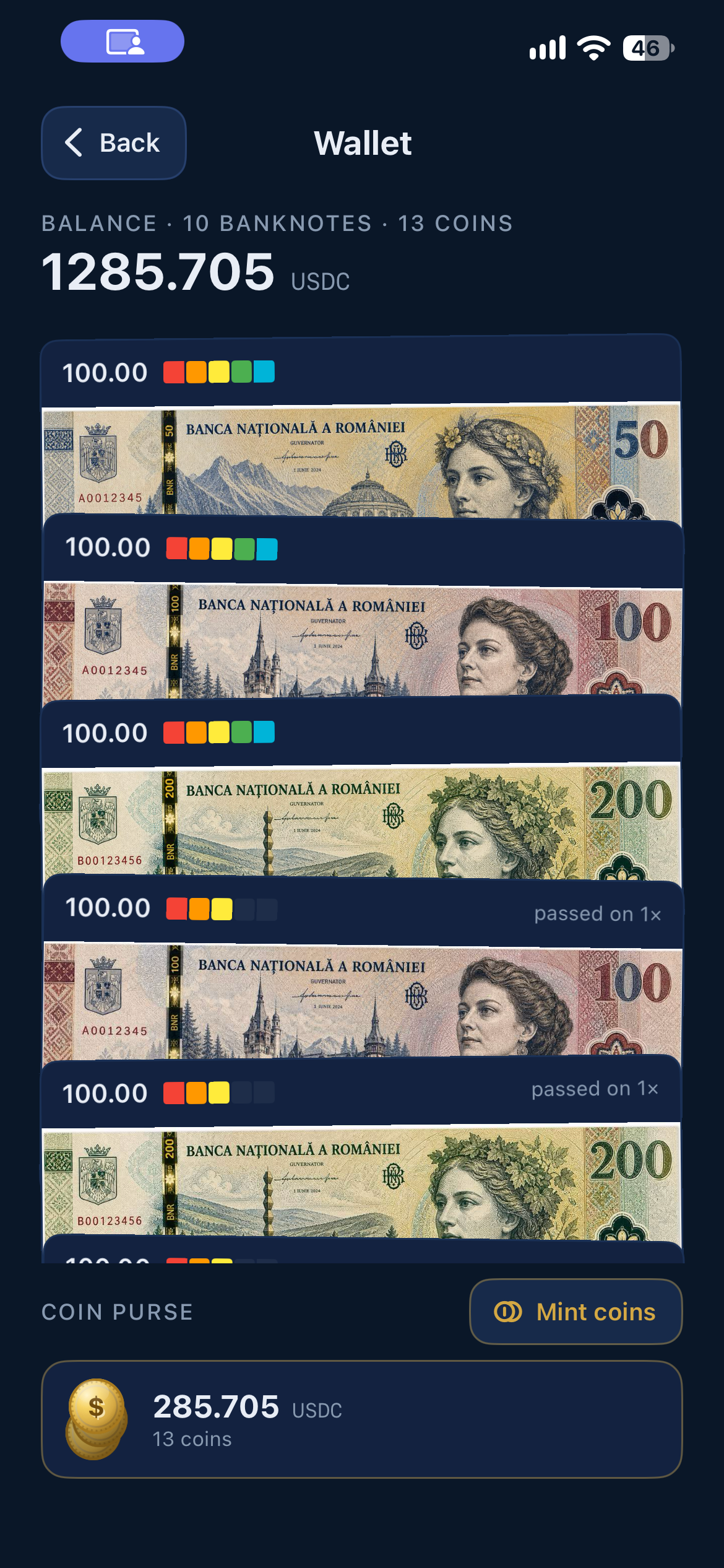 HeisenCash wallet on an iPhone 13 Pro, showing ten banknotes, per-note security levels, and 285.705 USDC in the coin purse